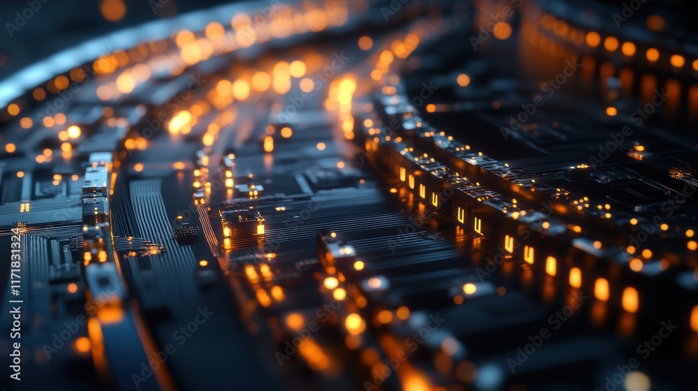 Complex network of circuits and components glowing with orange lights, creating a futuristic and technological scene, ideal for illustrating innovation and progress in computer science Complex network of circuits and components glowing with orange lights, creating a futuristic and technological scene, ideal for illustrating innovation and progress in computer science