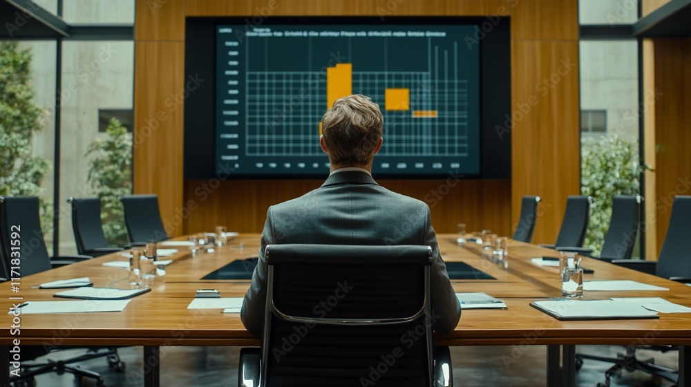 Businessman reviewing financial data on large screen in modern conference room. Businessman reviewing financial data on large screen in modern conference room.