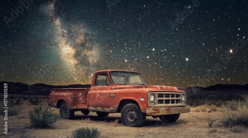 Rusty red vintage pickup truck under a starry night sky in a desert landscape.