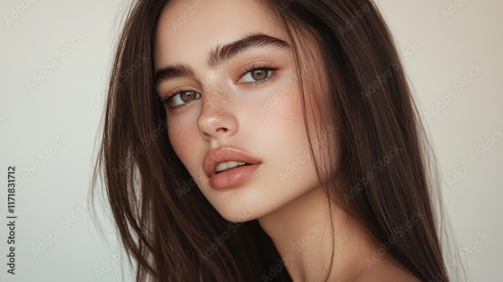 Elegant Brunette Model Showcasing Long, Silky Hair in a Radiant Beauty Portrait Elegant Brunette Model Showcasing Long, Silky Hair in a Radiant Beauty Portrait