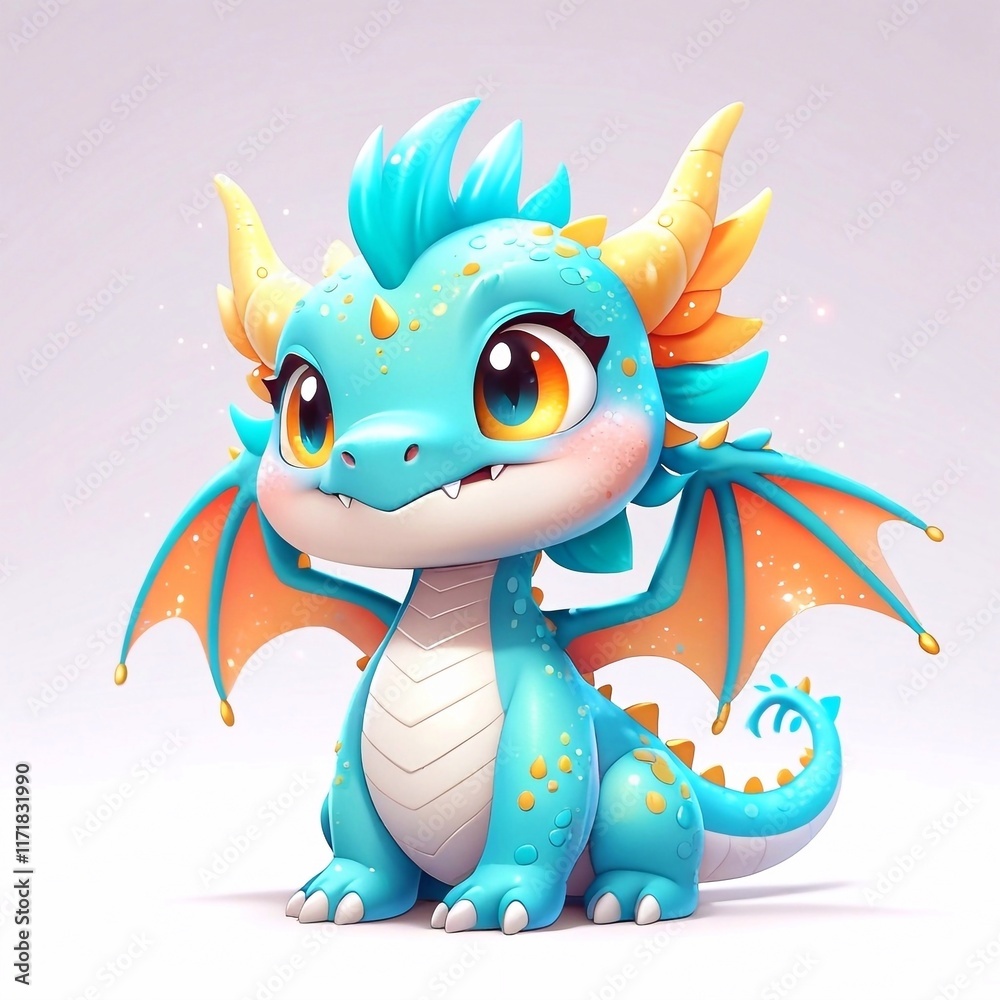 Three-dimensional cartoon character of a dragon child, with glitter on the skin, full length, on a white background Three-dimensional cartoon character of a dragon child, with glitter on the skin, full length, on a white background