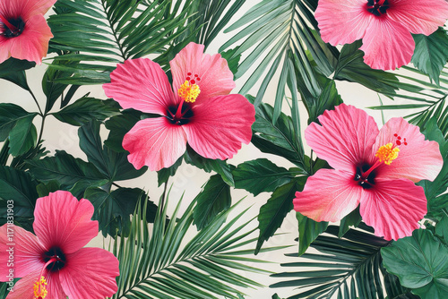 Tropical hibiscus flowers with palm leaves
