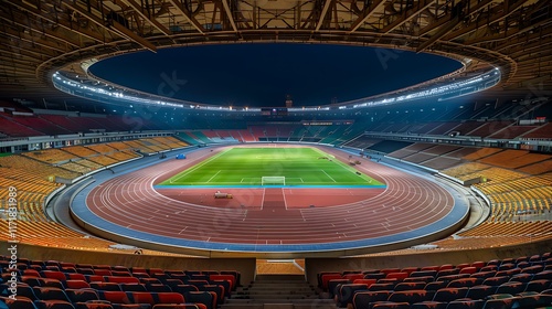 A massive stadium with empty stands and a brightly lit field in the center