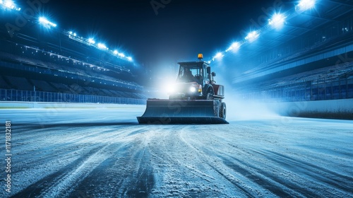 Snowplow clearing snow from a stadium track at night.