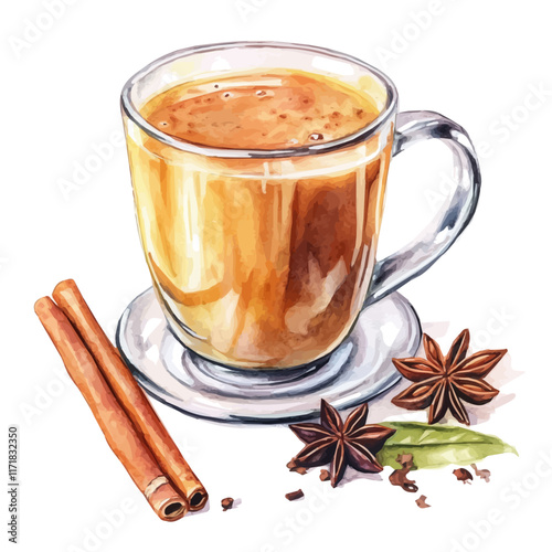 A watercolor vector painting of a spiced cup of masala chai, isolated on a white background. Masala Chai vector.


