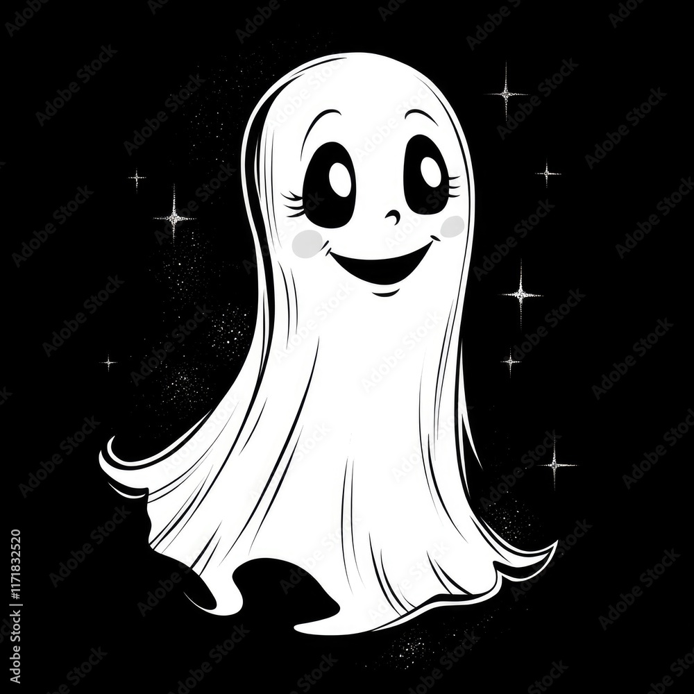 Whimsical Female Ghost Illustration: Charming Retro Cartoon Character for Halloween Celebration in Vintage Black and White Style Whimsical Female Ghost Illustration: Charming Retro Cartoon Character for Halloween Celebration in Vintage Black and White Style