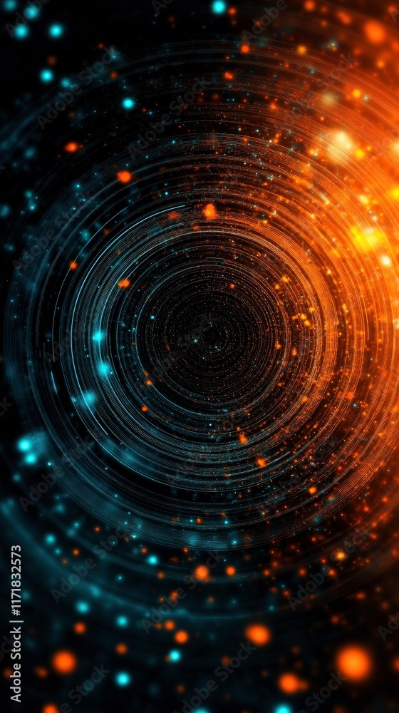 Obraz premium A swirling vortex of light and color, featuring circular patterns and glowing particles, creating a sense of depth and motion. Ideal for backgrounds or digital art projects.