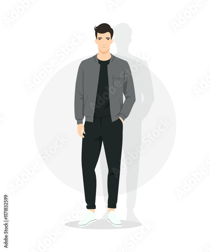 A man in a dark gray jacket and black trousers creates an image of understated elegance. An ideal choice for cool weather.