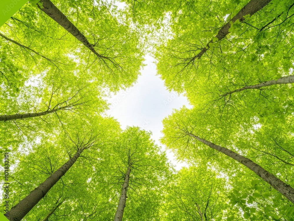 A serene view of a forest canopy, showcasing vibrant green leaves and tall trees reaching towards the sky, creating a peaceful and refreshing atmosphere. A serene view of a forest canopy, showcasing vibrant green leaves and tall trees reaching towards the sky, creating a peaceful and refreshing atmosphere.