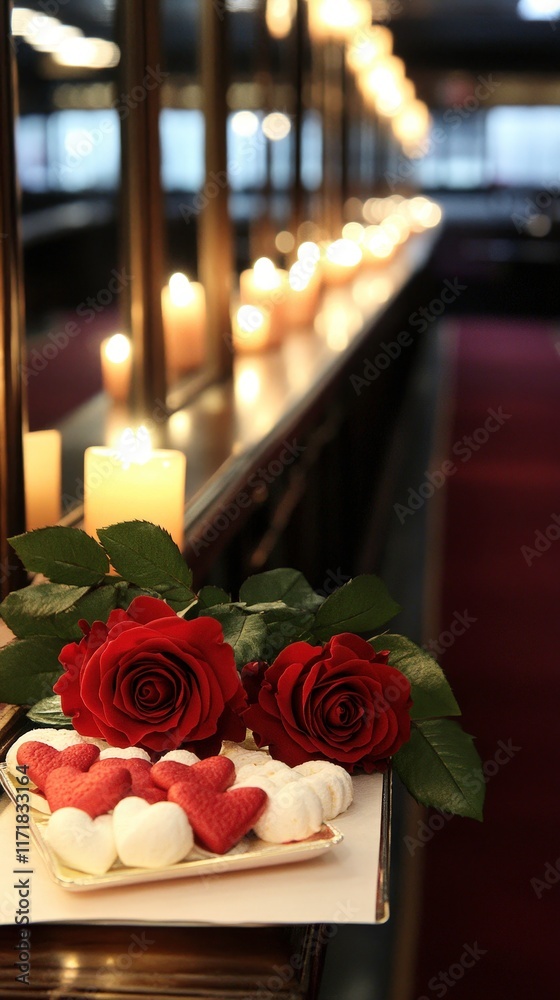 Obraz premium A romantic setting featuring red roses, heart-shaped cookies, and candles, creating an intimate atmosphere.