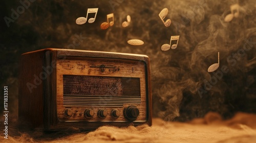 A vintage radio sits amidst swirling dust, with musical notes floating around, evoking a nostalgic atmosphere of music and sound.
