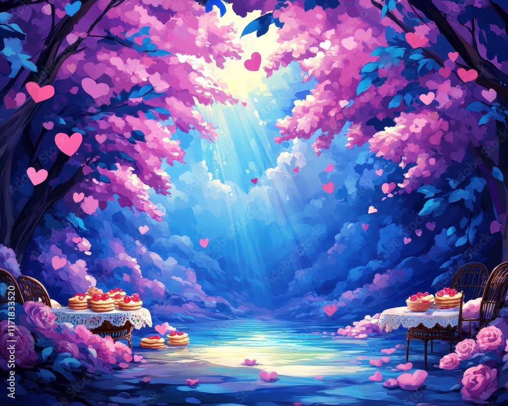 Fototapeta premium A serene, enchanting scene featuring two tables set with desserts under a canopy of purple trees, illuminated by soft light and floating hearts, creating a romantic atmosphere.