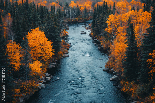 Autumn River Flows Through Forest of Gold and Green
