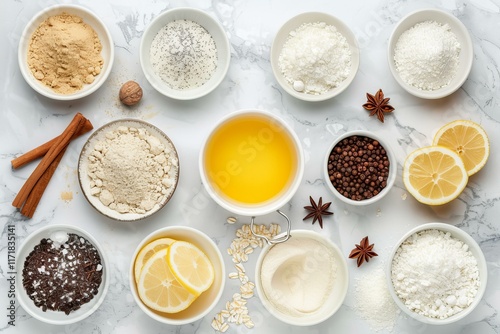 Wallpaper Mural Various ingredients including flour, spices, lemon, oil, and grains are neatly arranged on a marble surface, ready for baking or cooking Torontodigital.ca