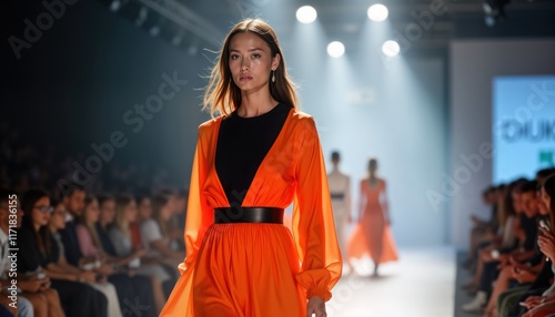 Stylish model walks runway fashion show. Audience watches. Bright lights illuminate stage. High-fashion collection. Trendy clothing. Fashionable clothes, looks. Woman wearing stylish orange dress.