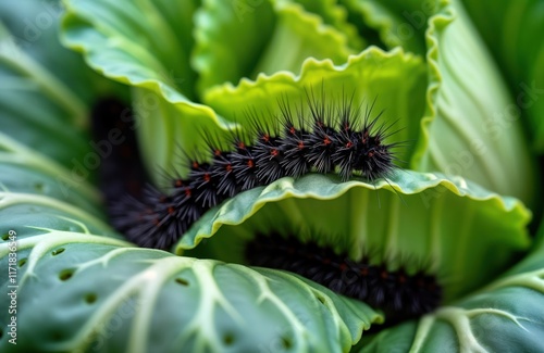 Black caterpillars crawl on green cabbage leaves. Eat leaves. Summer in farm garden. Close up view of insects on cabbage leaves. Caterpillars damaging vegetables. Nature scene close to vegetable. photo