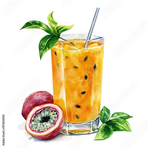 A watercolor vector painting of a vibrant glass of mango passion fruit juice, isolated on a white background. Mango Passion Fruit Juice vector.

