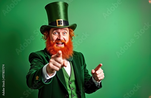 Excited leprechaun in green suit points directly at viewer. Man wears green hat, red beard. Happy, enthusiastic. Saint Patrick Day celebration. Portrait photo against green background. Looks ready photo