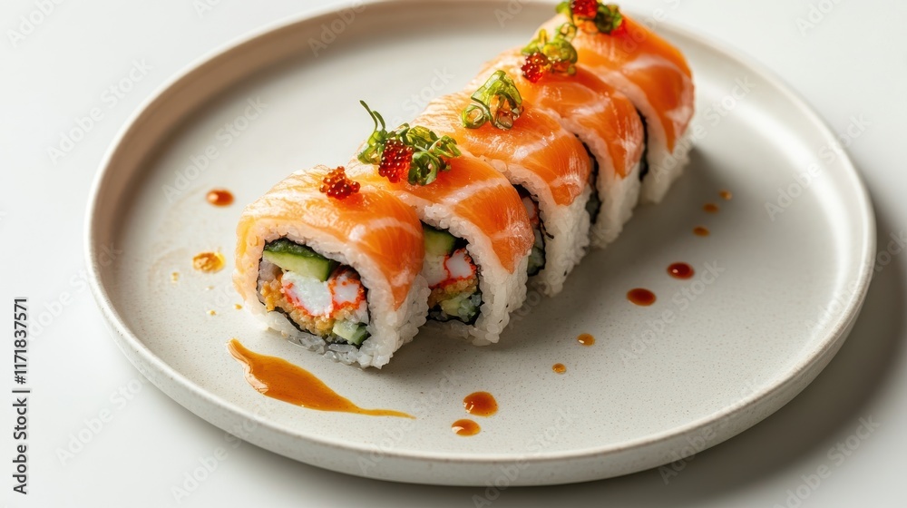 Sushi roll platter on refined plate with textures and taupe background Sushi roll platter on refined plate with textures and taupe background