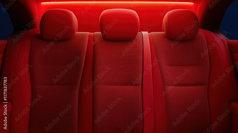 Fototapeta premium A sleek car interior featuring plush red seats illuminated by ambient lighting, creating a modern and stylish atmosphere.