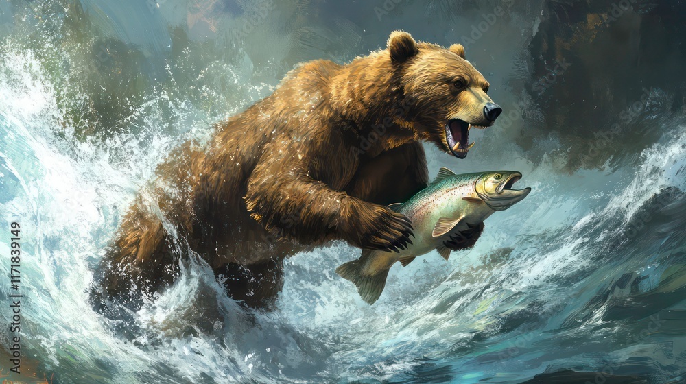 Fototapeta premium Grizzly bear catching salmon in a river.