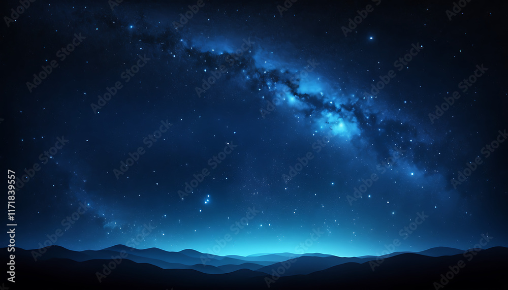 Obraz premium Starry sky background, blue night sky full of stars, glowing stars in the dark space, starry background, dark night, stars in the distance, starlight, dark background with a blue glow, night sky. 