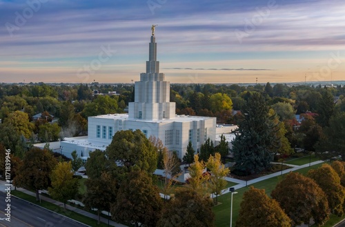 Aerial view of the Idaho Falls LDS Temple, surrounded by autumn foliage and city. Beautiful fall colors.  Idaho Falls, Idaho, USA.
