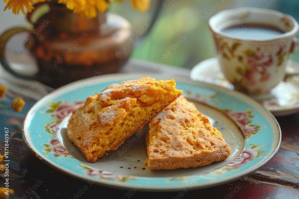 Two delicious homemade pumpkin scones sit on a floral plate with a cup of coffee and a vase of flowers completing the cozy breakfast scene Two delicious homemade pumpkin scones sit on a floral plate with a cup of coffee and a vase of flowers completing the cozy breakfast scene