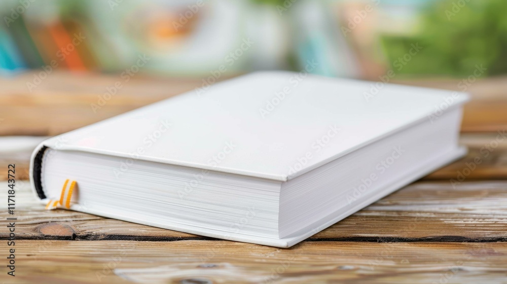 Naklejka premium A blank white book rests on a rustic wooden table, perfect for showcasing branding ideas in a cozy setting.