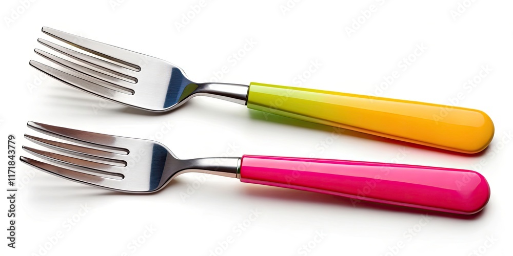 A pristine fork and knife set, gleaming silver against a stark white backdrop. A pristine fork and knife set, gleaming silver against a stark white backdrop.