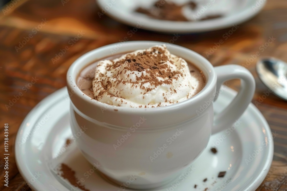 Steaming cup of hot chocolate topped with whipped cream and chocolate shavings, creating a cozy and indulgent winter treat Steaming cup of hot chocolate topped with whipped cream and chocolate shavings, creating a cozy and indulgent winter treat