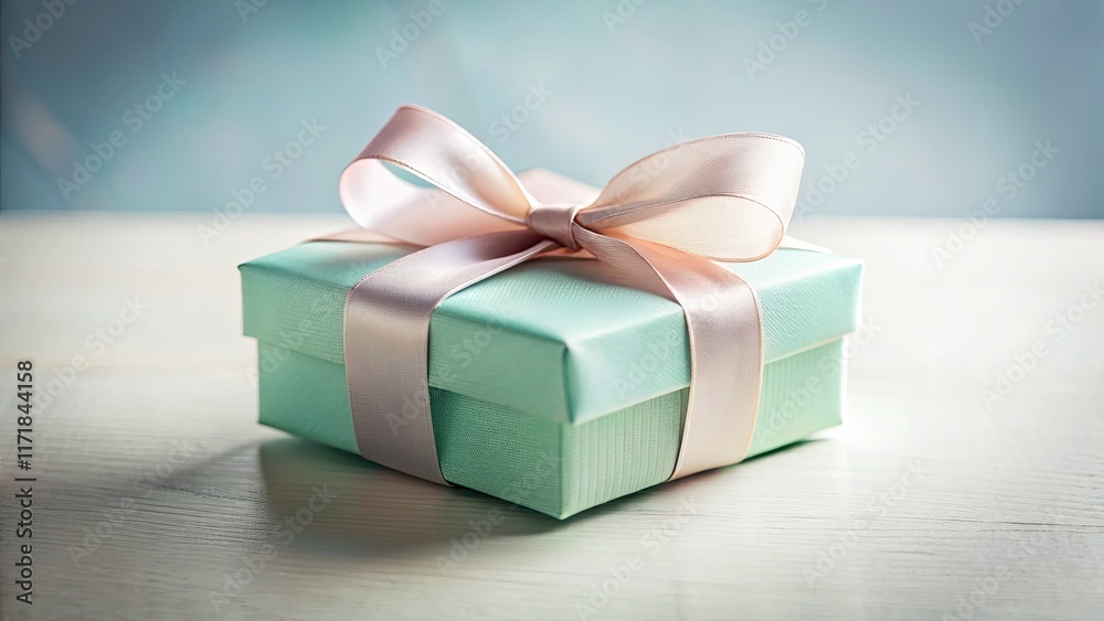Obraz premium Delicate pastel gift box, minimalist white platform setting. Elegant ribbon accents a pristine present.
