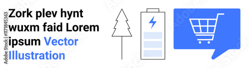 Minimalistic tree, battery with lightning bolt, and shopping cart in speech bubble. Ideal for eco-friendliness, energy efficiency, e-commerce, technology, sustainability, renewable energy, green