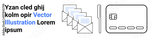 Four envelopes with letters, a stylized pen, and a credit card with text showcasing digital communication and payment themes. Ideal for email services, online transactions, digital messaging
