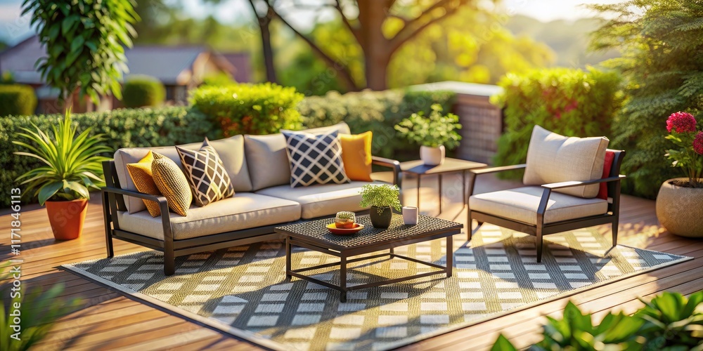 Obraz premium Black metal patio set, white cushions, patterned rug, miniature effect. Tilt-shift photography.