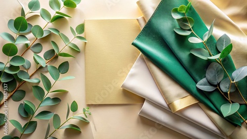 Capture the elegance: silk and eucalyptus stationery showcased through exquisite paper texture photography.