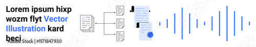 Organizational flowchart, faceless user icons, documents, text script, and audio waveforms. Ideal for project management, documentation, content creation, user interface, technical writing, process