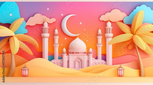 A breathtaking mosque at sunset with a glowing crescent moon in the sky, symbolizing the beginning of Ramadan photo