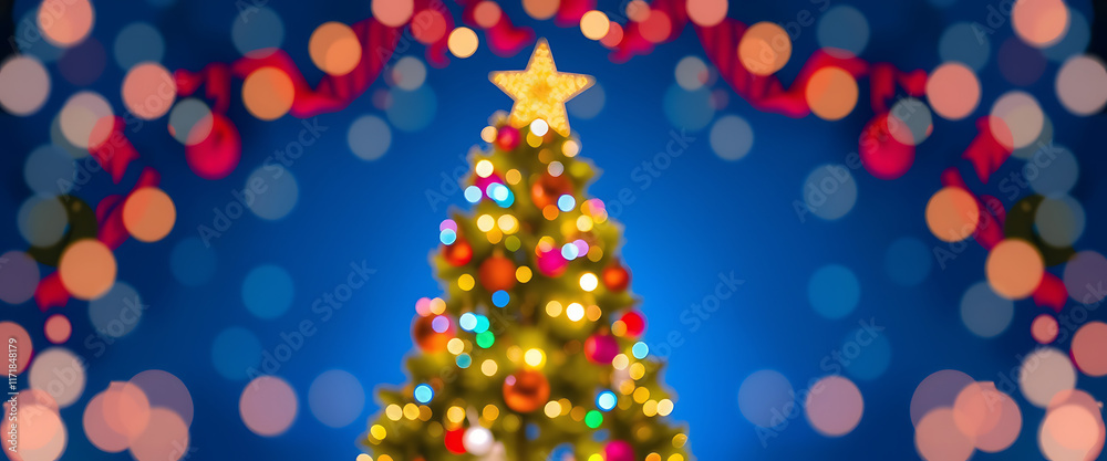Christmas tree with decorations on a dark blue background with bokeh lights and a banner template. Christmas tree with decorations on a dark blue background with bokeh lights and a banner template.