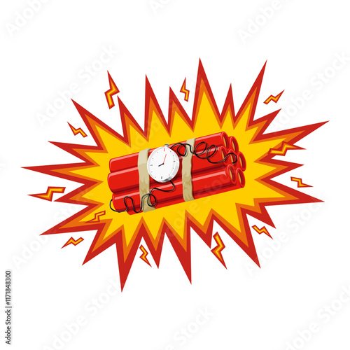 time bomb with detonator set vector illustration and exploding effect isolated on white background. Dynamite bomb explodes with the clock.