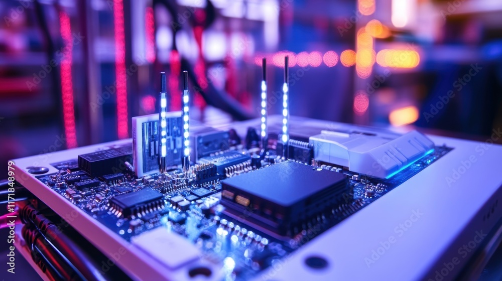 Close up of electronic circuit board with led lights, highlighting data processing and advanced technology within a server room environment Close up of electronic circuit board with led lights, highlighting data processing and advanced technology within a server room environment