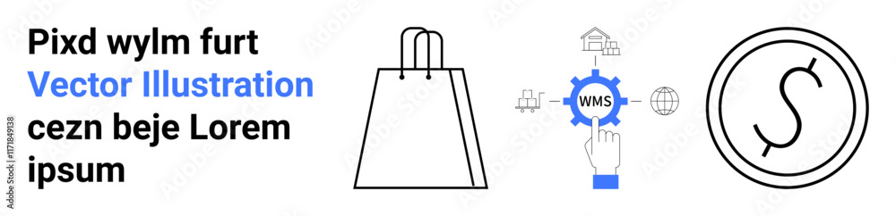 Shopping bag, WMS icon interacting with various logistic elements, currency symbol. Ideal for e-commerce, online shopping, logistics, supply chain, retail, inventory management financial Shopping bag, WMS icon interacting with various logistic elements, currency symbol. Ideal for e-commerce, online shopping, logistics, supply chain, retail, inventory management financial