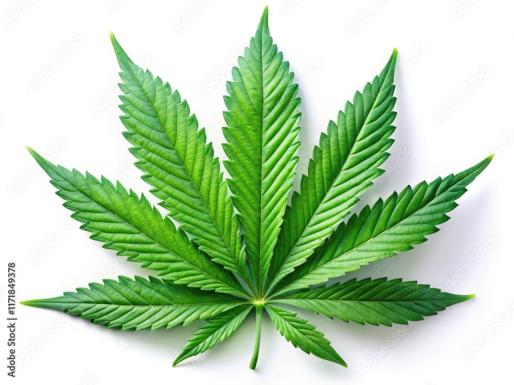 Crisp, close-up stock photo: single marijuana leaf, white background. Crisp, close-up stock photo: single marijuana leaf, white background.
