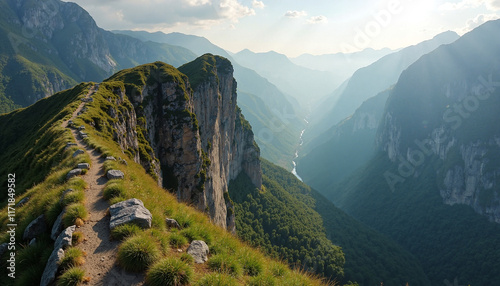 Scenic mountain pass trek with rocky cliffs and lush greenery under soft sunlight creating a serene atmosphere photo