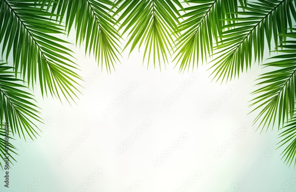 Obraz premium Bright green palm leaves form frame against light background. Natural beauty of tropical foliage. Ideal for Palm Sunday themes as religious background for design projects. Summery vibe, natural