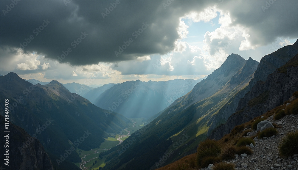 Majestic mountain landscape under dramatic cloudy sky with sun rays shining through, capturing serene atmosphere of a breathtaking natural scene Majestic mountain landscape under dramatic cloudy sky with sun rays shining through, capturing serene atmosphere of a breathtaking natural scene