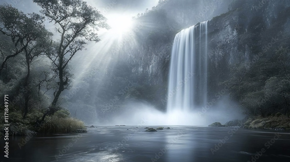 Majestic waterfall cascading down a cliff face, sunlight rays piercing through mist. Majestic waterfall cascading down a cliff face, sunlight rays piercing through mist.