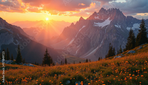 Gorgeous mountain landscape bathed in warm orange and pink hues at sunset with vibrant wildflowers in the foreground and snow-capped peaks in the background