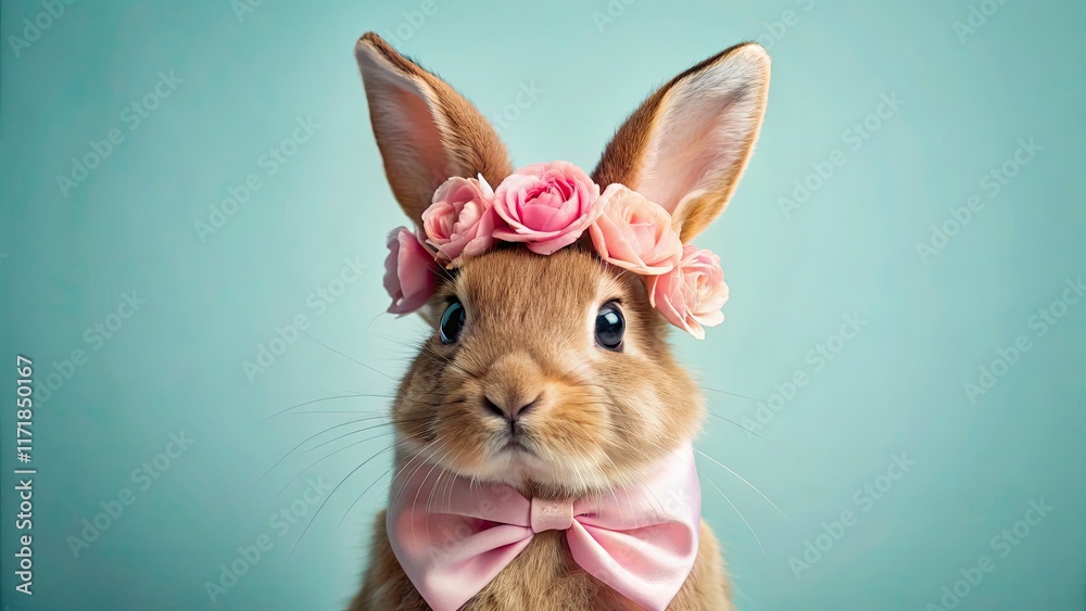 Fototapeta premium Delicate pastel pink: a brown rabbit adorned with roses and a bow; minimalist photography.