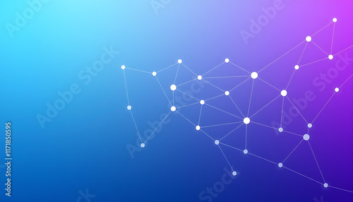 gradient blue to purple, vector graphic of simple lines and dots connecting the shape of an AI network.	